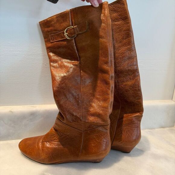 STEVEN by Steve Madden Leather Intyce Low Wedge Riding Boots Tan Size 7M - Picture 3 of 9